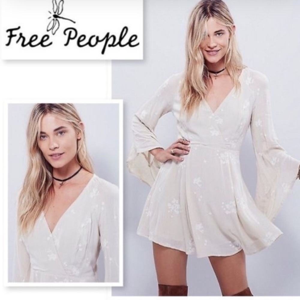 Free People Jasmine Embroidere Floral Mini Dress Women’s Sz S Cream Bell Sleeve